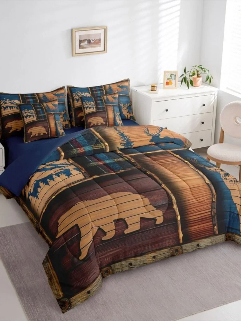 Rustic Cabin 7 Piece Bedding Set Queen Size Wild Bear Deer Comforter Set with Sh